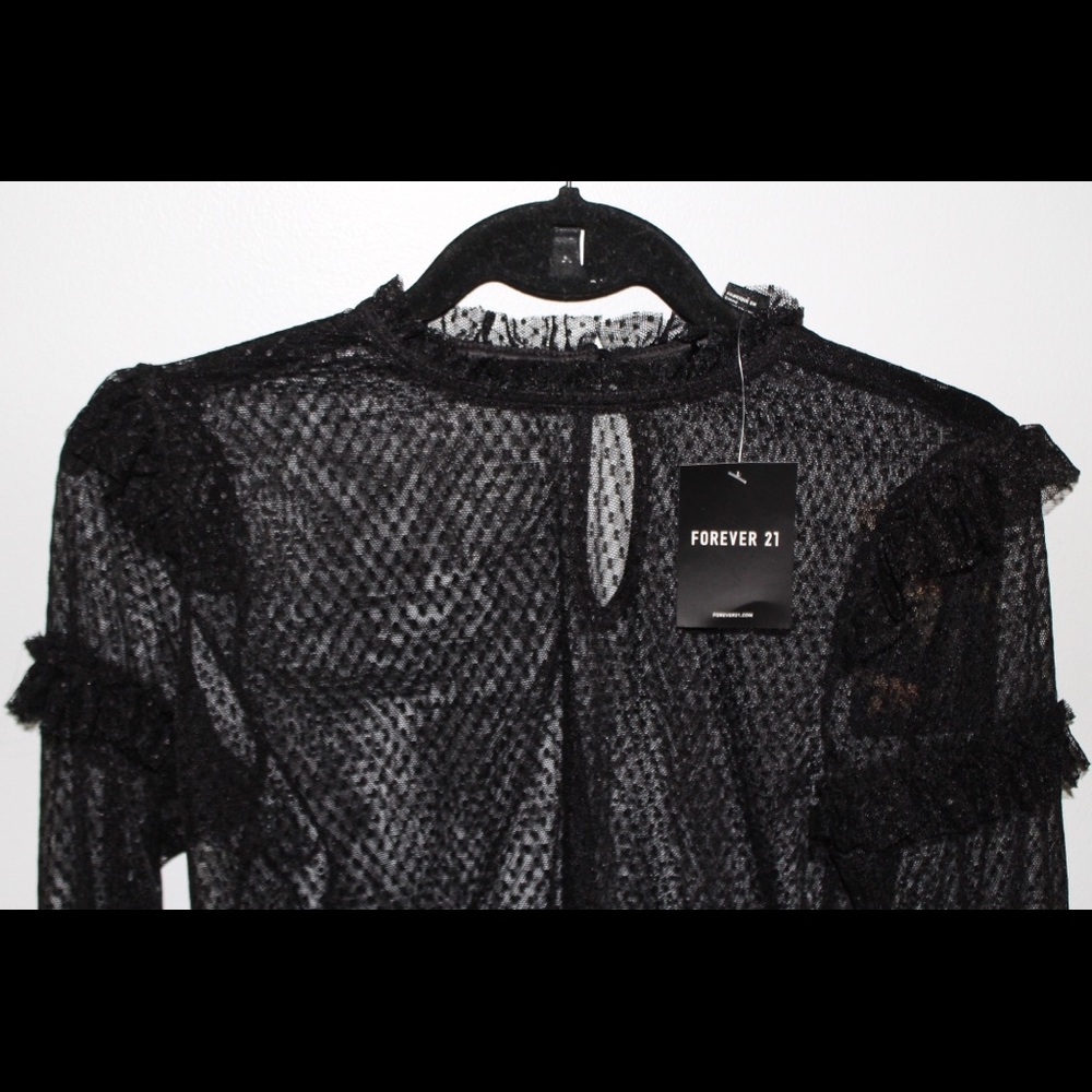 NWT Forever21 black mesh ruffle long sleeve size L